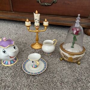 Disney Beauty and the Beast Mrs. Teapot Candelabra and  singing jewelry rose set